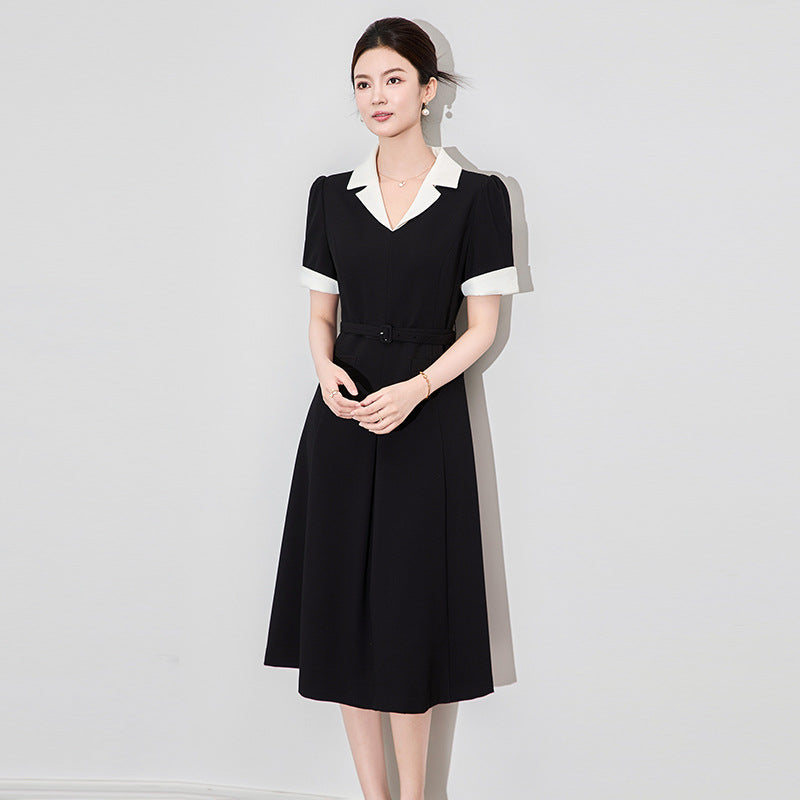 Elegant Commuter Short Sleeve Women's Dress A- Line Skirt V-Neck Midi Dress Color Block High Waist Belt French Style Dress
