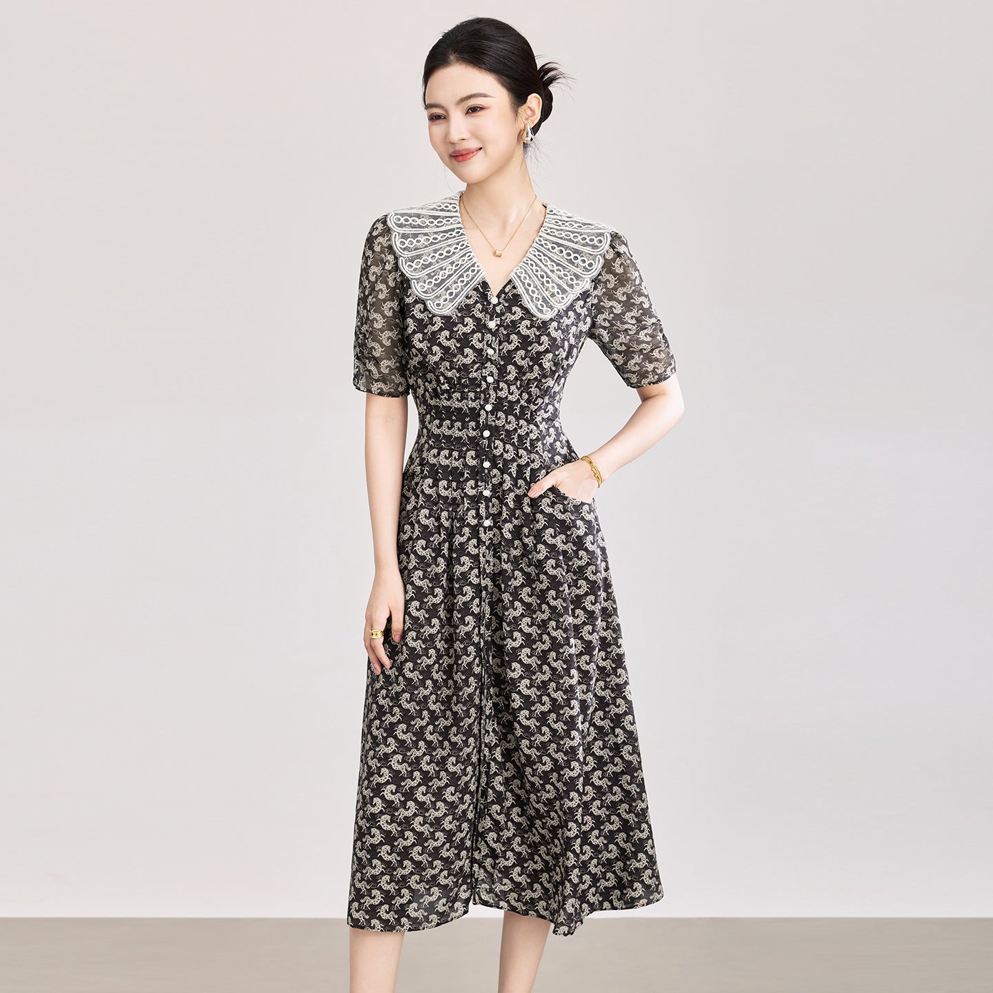 Summer New Vintage French Style Medium-Length Fragmented Long Dress Elegant Waist-Fitted Plus Size Doll Neck Chiffon Dress