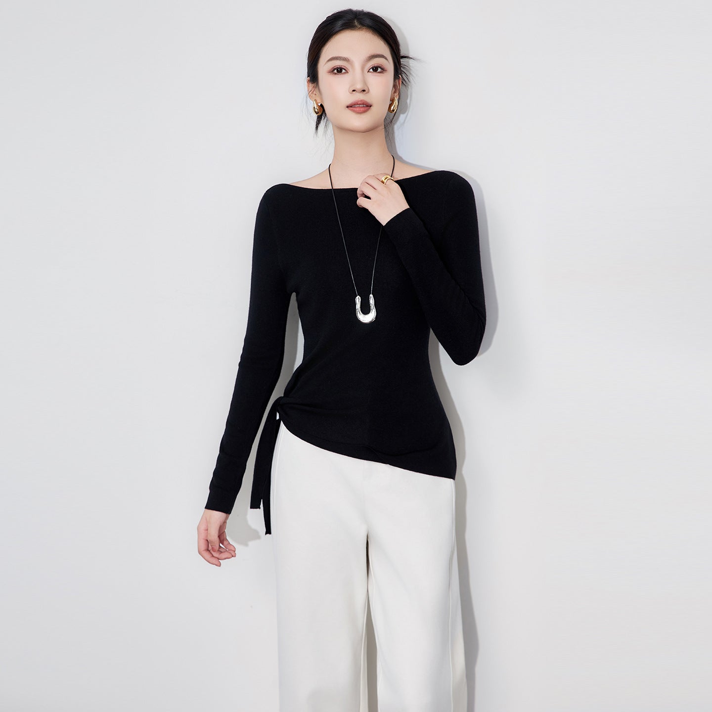 Minimalist Style Long Sleeve Knitted Wool Sweater Belted Waist One Shoulder Design Early Autumn New Arrival Elegant Commute