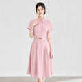 French Fashion Pink Retro Office Lady Business Dresses Polo Collar Short Sleeve Single Breasted Belt A-line Elegant Long Dress Women
