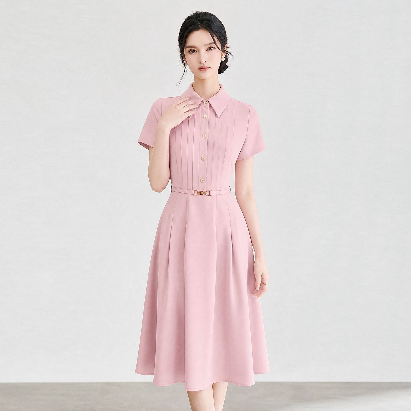 French Fashion Pink Retro Office Lady Business Dresses Polo Collar Short Sleeve Single Breasted Belt A-line Elegant Long Dress Women