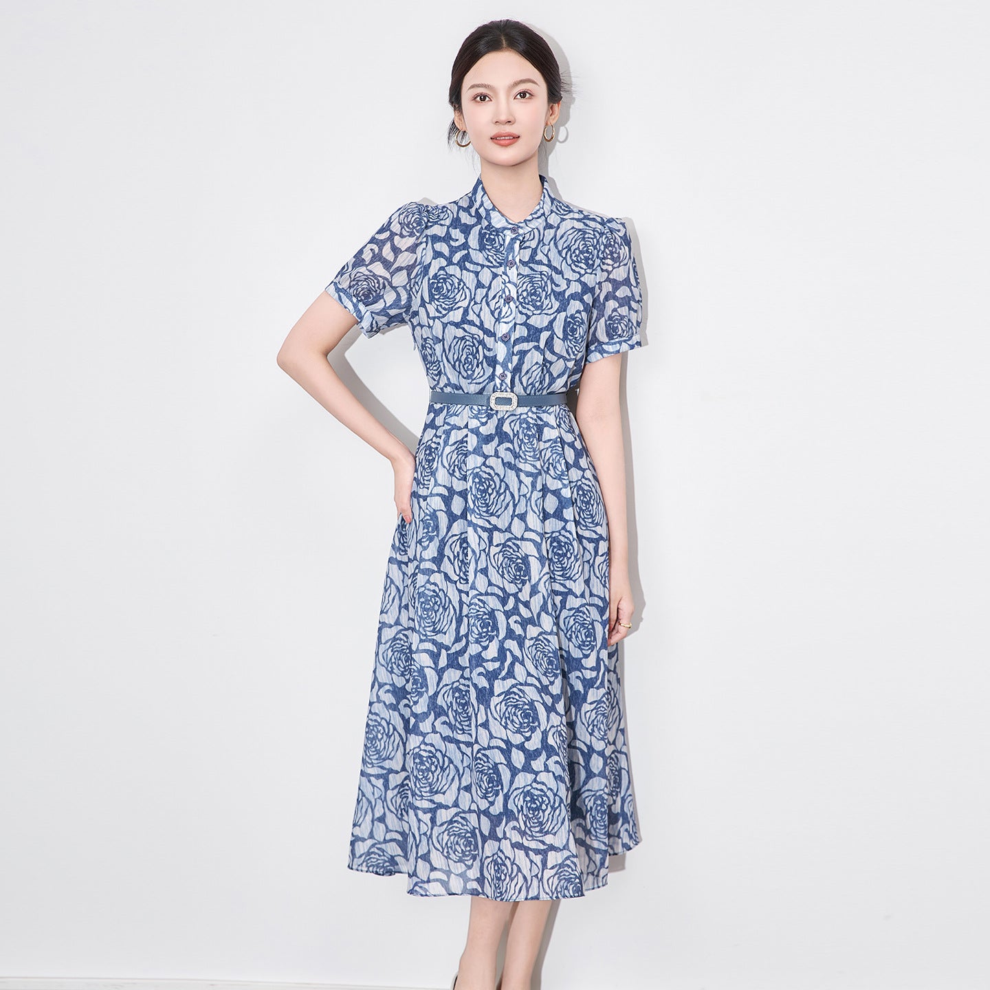 Fashionable Retro High-Quality Design Slimming Waist Dress Summer Women's Midi A- Line Dress Floral Print Midi Dress Elegant
