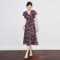 Elegant French Vintage Long Printed Dress V-Neck Waist Cinched Holiday Style Women's Summer Fashion Short Sleeve High Waist