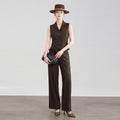 Brown Retro Sleeveless Striped Vest Pants Set Women's Spring New Two-Piece Casual Street Style Comfortable Polyester Blend