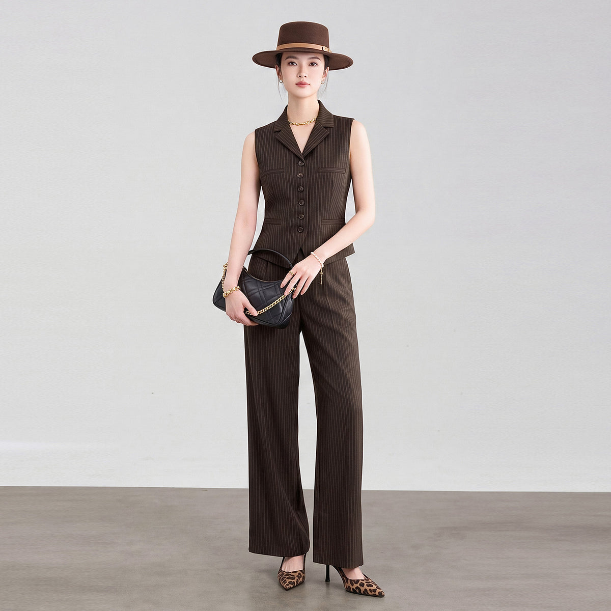 Brown Retro Sleeveless Striped Vest Pants Set Women's Spring New Two-Piece Casual Street Style Comfortable Polyester Blend