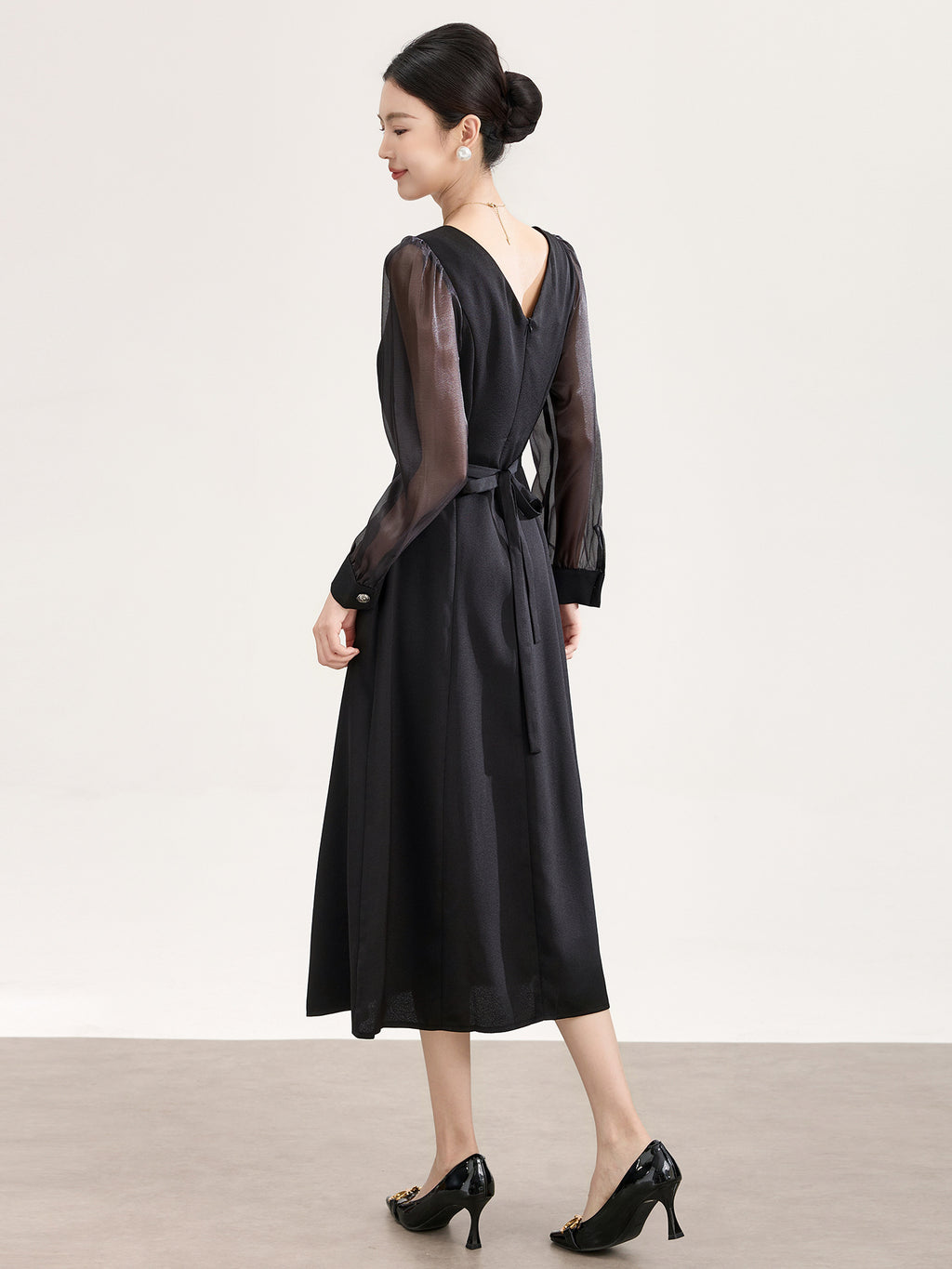 New French Elegant Evening Dresses Lace Patchwork V-neck Long Sleeve High Waist Lace-up Black Long Dress for Women
