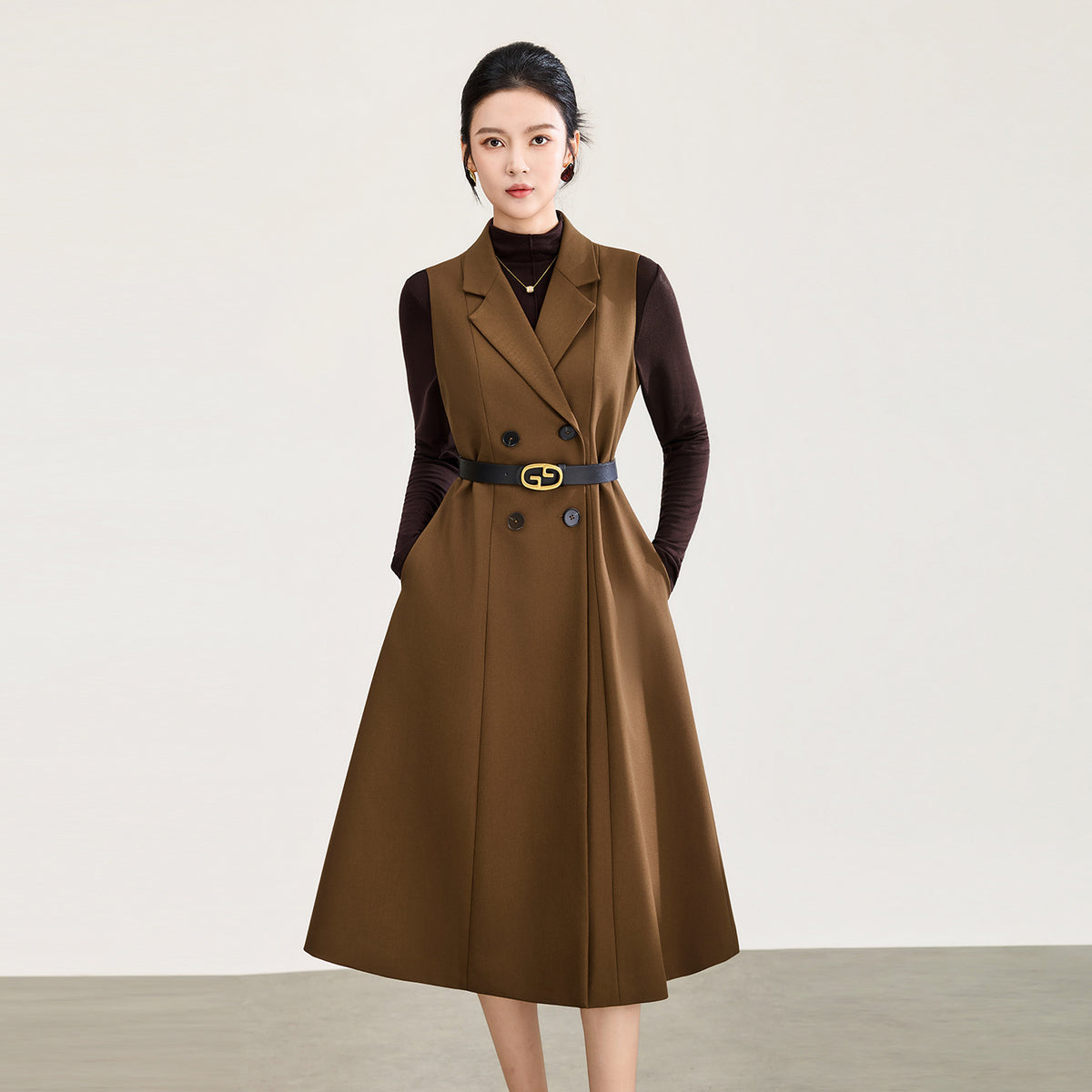 Autumn And Winter New Coat Temperament Sleeveless Suit Vest Jacket Medium And Long Coat Temperament High-End Commuting Lace-Up