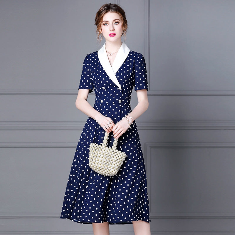 Elegant Women Dot Print French Dress Vintage Office Lady Long Lantern Sleeve Lapel Single Breasted Flowy A-line Shirt Dress