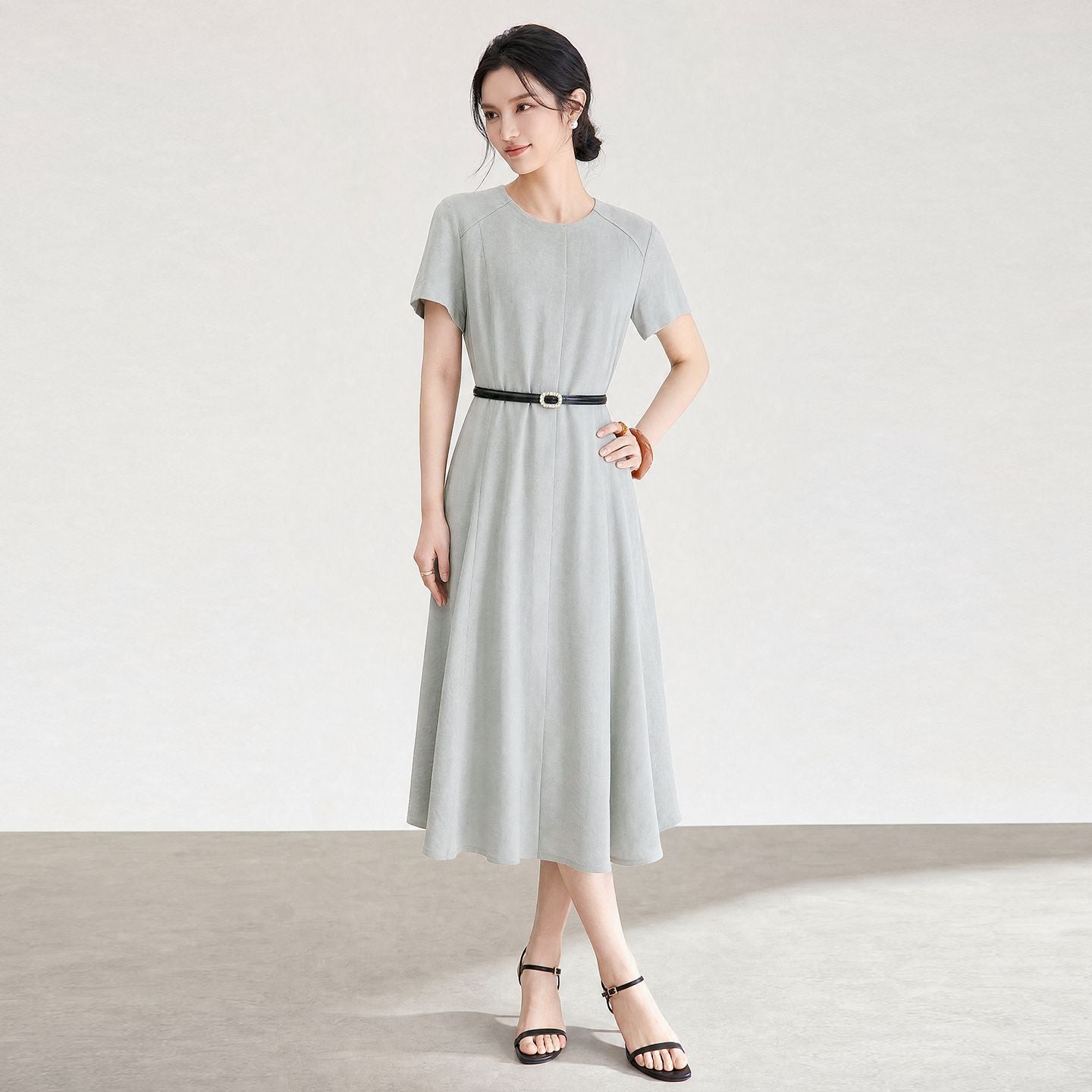 Womens Dresses Spring Elegant Commuter O Neck Pocket Slim Waist Dress Woman Clothes A-line Short-sleeve Dress