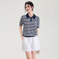 New Style Women's Loose Fit Short Sleeve T-Shirt Embroidered Bee Stripe Pattern Turn-down Collar Commute Wear
