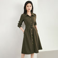 Elegant Autumn Winter Vintage Shirt Style Midi Dress Women's Waist-Cinching Belted Long Sleeve Commute Korean Style Dress