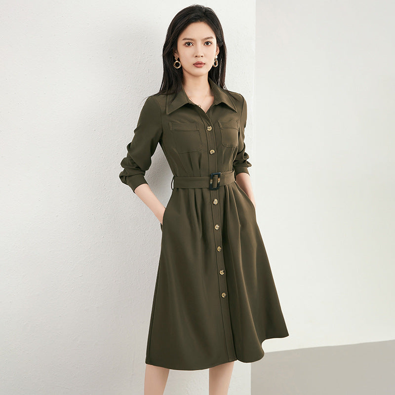 Elegant Autumn Winter Vintage Shirt Style Midi Dress Women's Waist-Cinching Belted Long Sleeve Commute Korean Style Dress