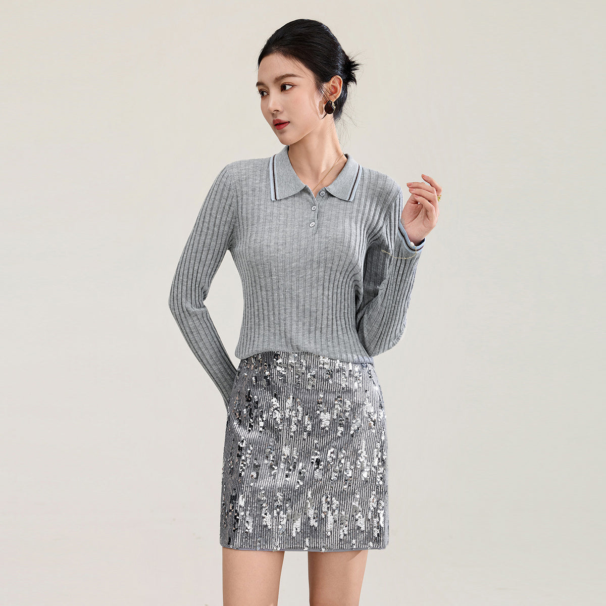 Soft Knitted Polo Neck Striped Sweater Women's Long Sleeve Slim Fit Base Shirt Top 2026 New Style Wool Blend Knitwear