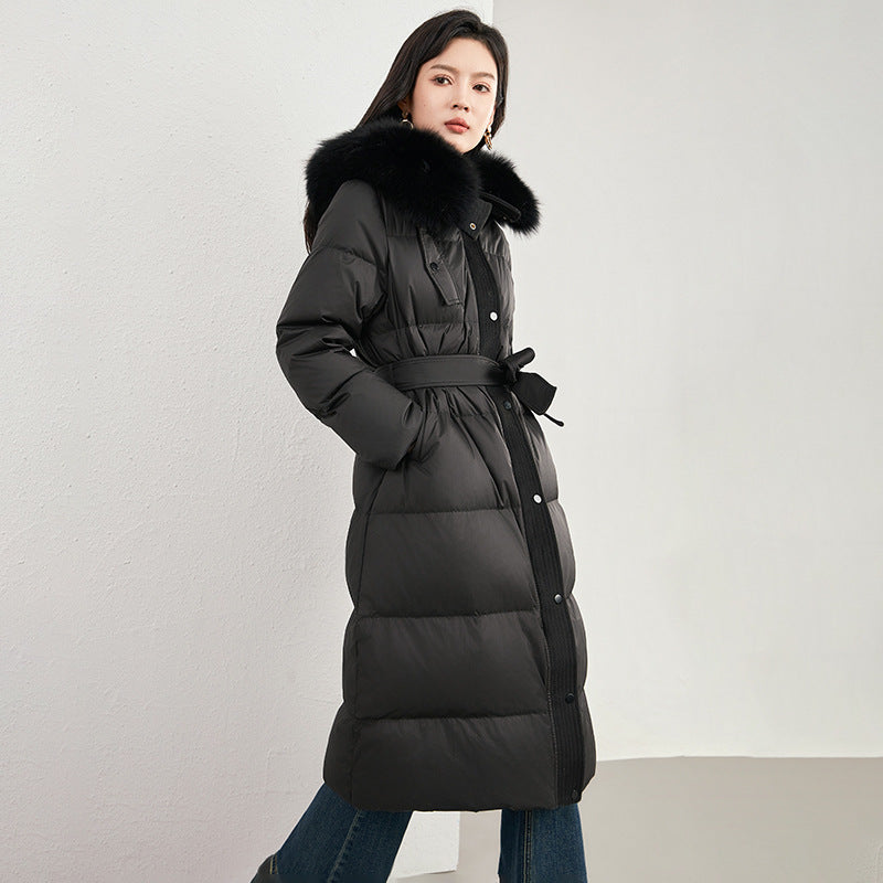 White Duck Down Jacket Women's Winter New High Quality Long Big Fox Fur Collar With Belt Super Plus Size Thick Coat