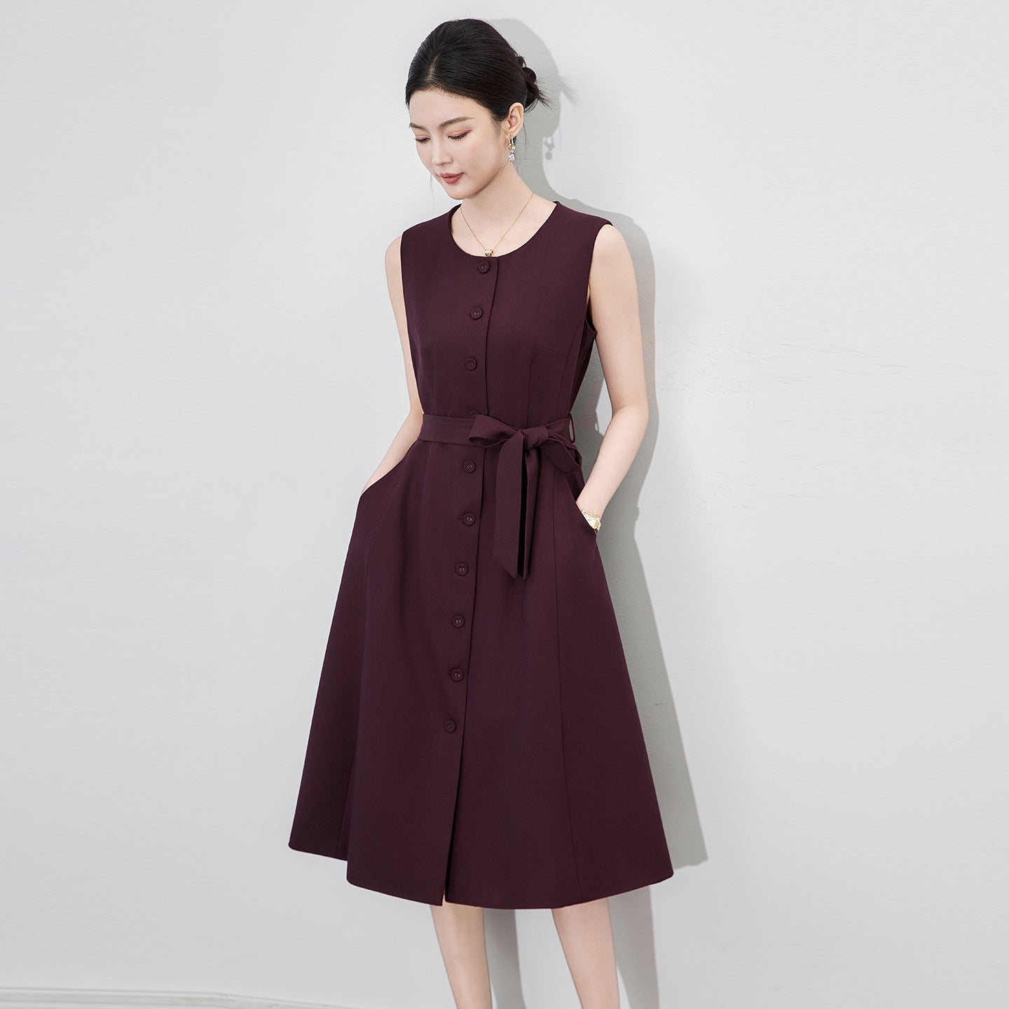 Autumn Winter New Elegant Fashion Dresses For Women O-neck Sleeveless Women's Solid Dress Woolen Office Lady Long Dress