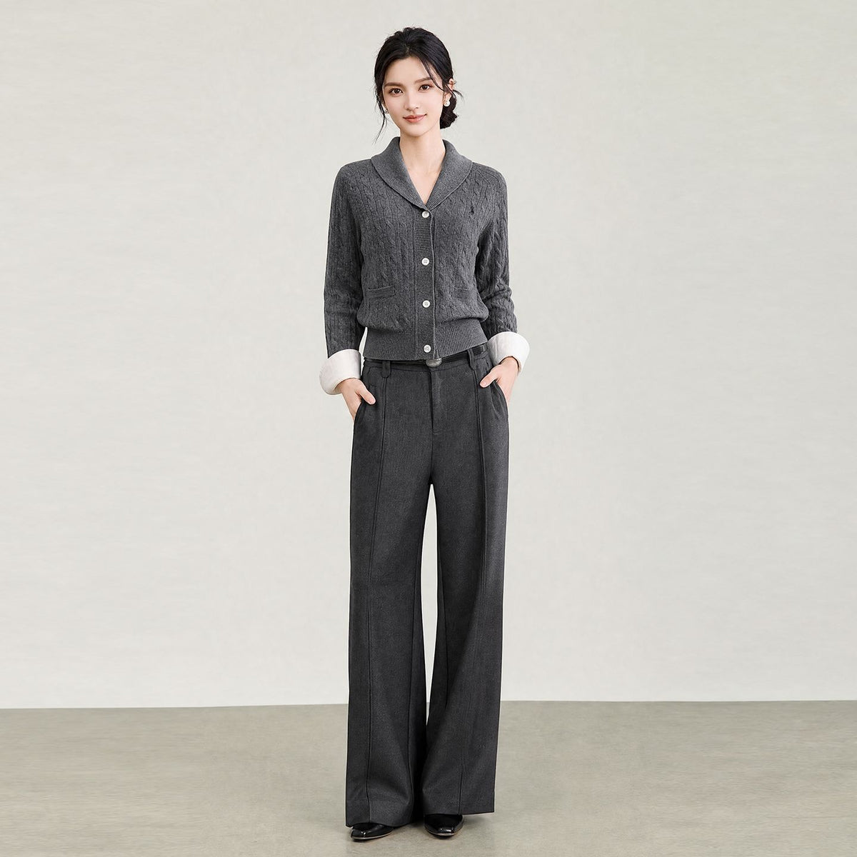 Autumn New Style of Women's Casual Grey School Style POLO Shirt with Collar Knitted Cardigan