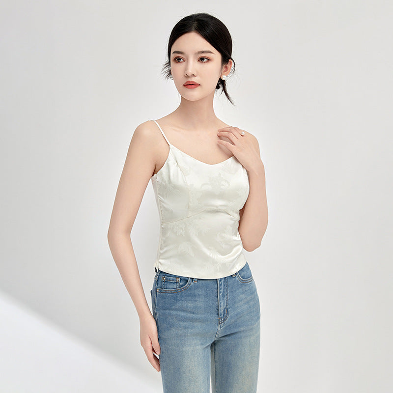 Summer Women Satin Jacquard Camisole V Neck Spaghetti Strap Crop Top Elegant Casual Slim Fit Basic Layering Vest