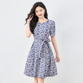 Summer Gentle Style Printed Dress with Belt Waist Slim A-Line Dress for Petite Women