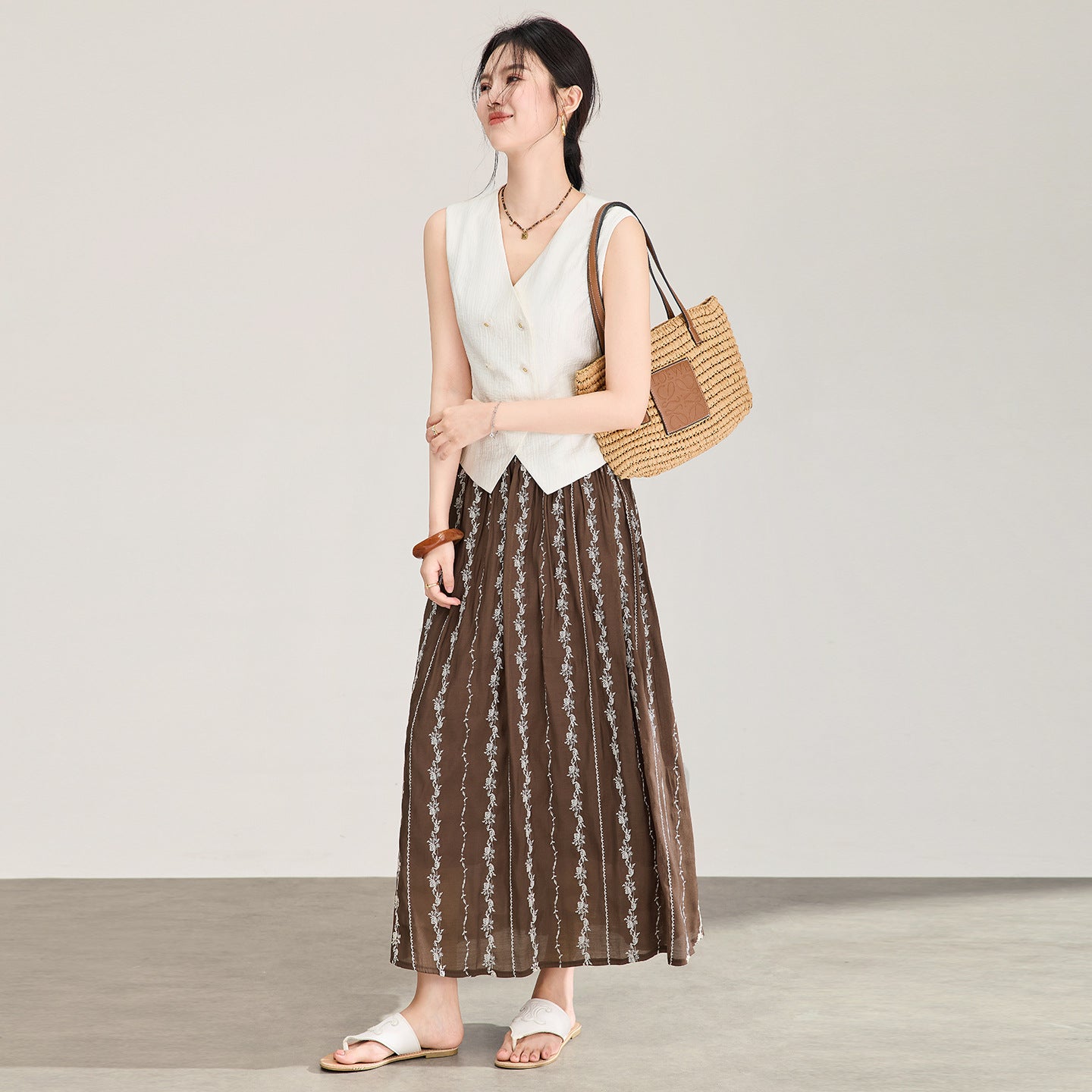 A-Line f Skirt with Color Stripe Patchwork And Water Wave Pattern by Ji Jian Vintage Cotton Umbrella Skirt for Women