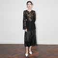 Flocking Embossed Lace Bell Sleeve Base Shirt Vintage Luxury Hollow out Semi-Transparent round Neck Long Sleeve French Style