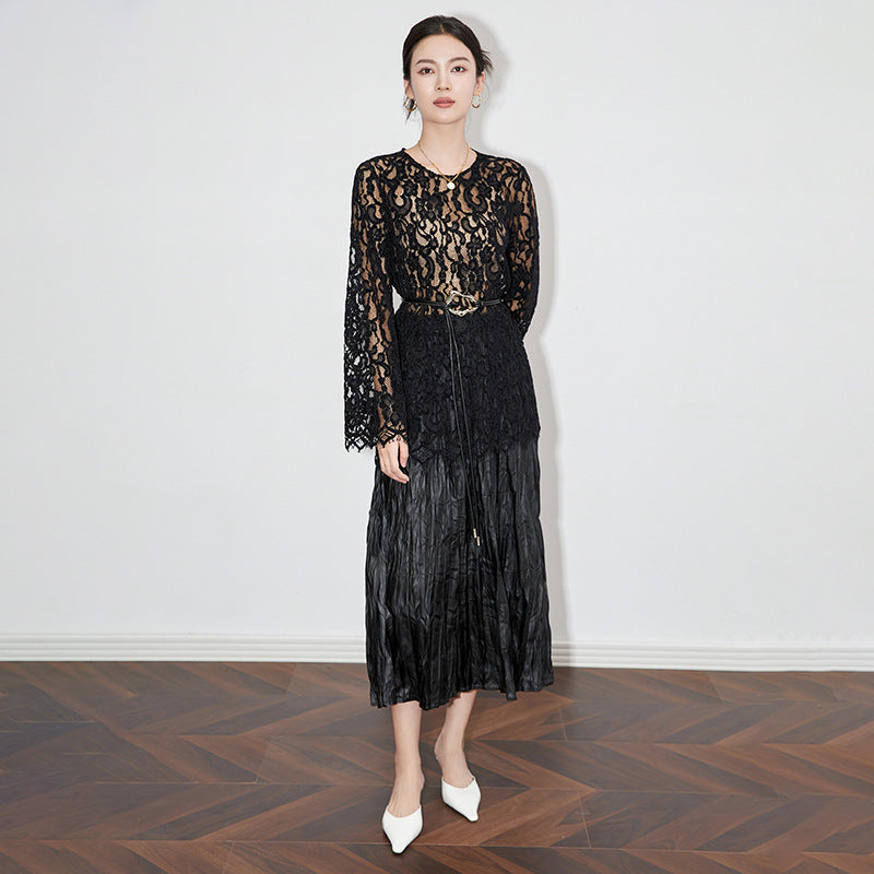 Flocking Embossed Lace Bell Sleeve Base Shirt Vintage Luxury Hollow out Semi-Transparent round Neck Long Sleeve French Style