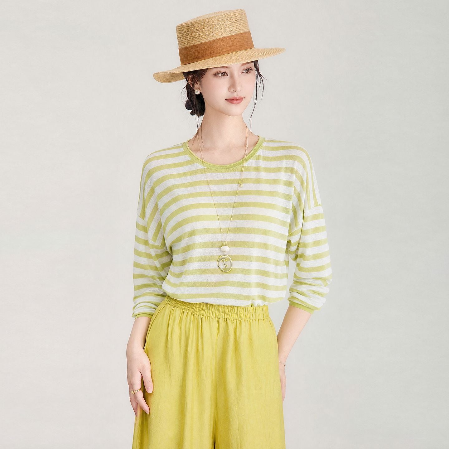Summer New Product Linen Lightweight Breathable Sunscreen Knitted Shirt Curled Edge Round Neck Stripe