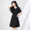 Summer Elegant Black Dress with Pleated Sleeves And Waist-Cinching Design for Women Short Sleeve round Neck Daily Wear