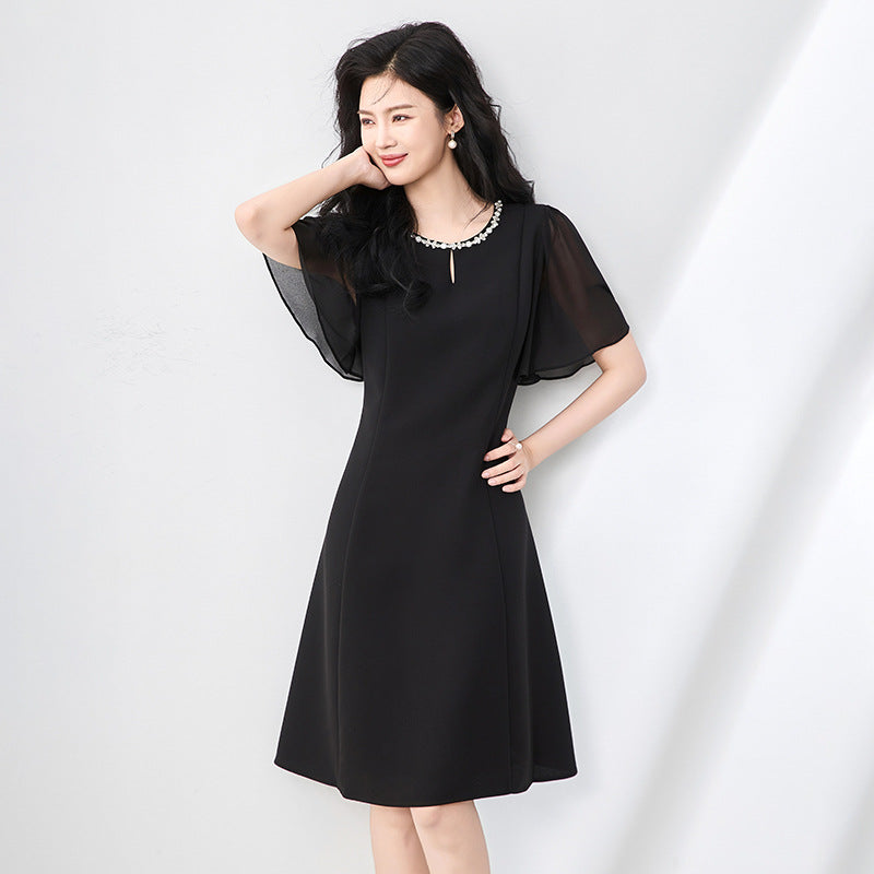 Summer Elegant Black Dress with Pleated Sleeves And Waist-Cinching Design for Women Short Sleeve round Neck Daily Wear