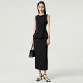 New Elegant Summer Women's Suit Formal Black Office Lady Sleeveless Ruffle Vest Top + Slim Midi Pencil Skirt Party Two Piece Set