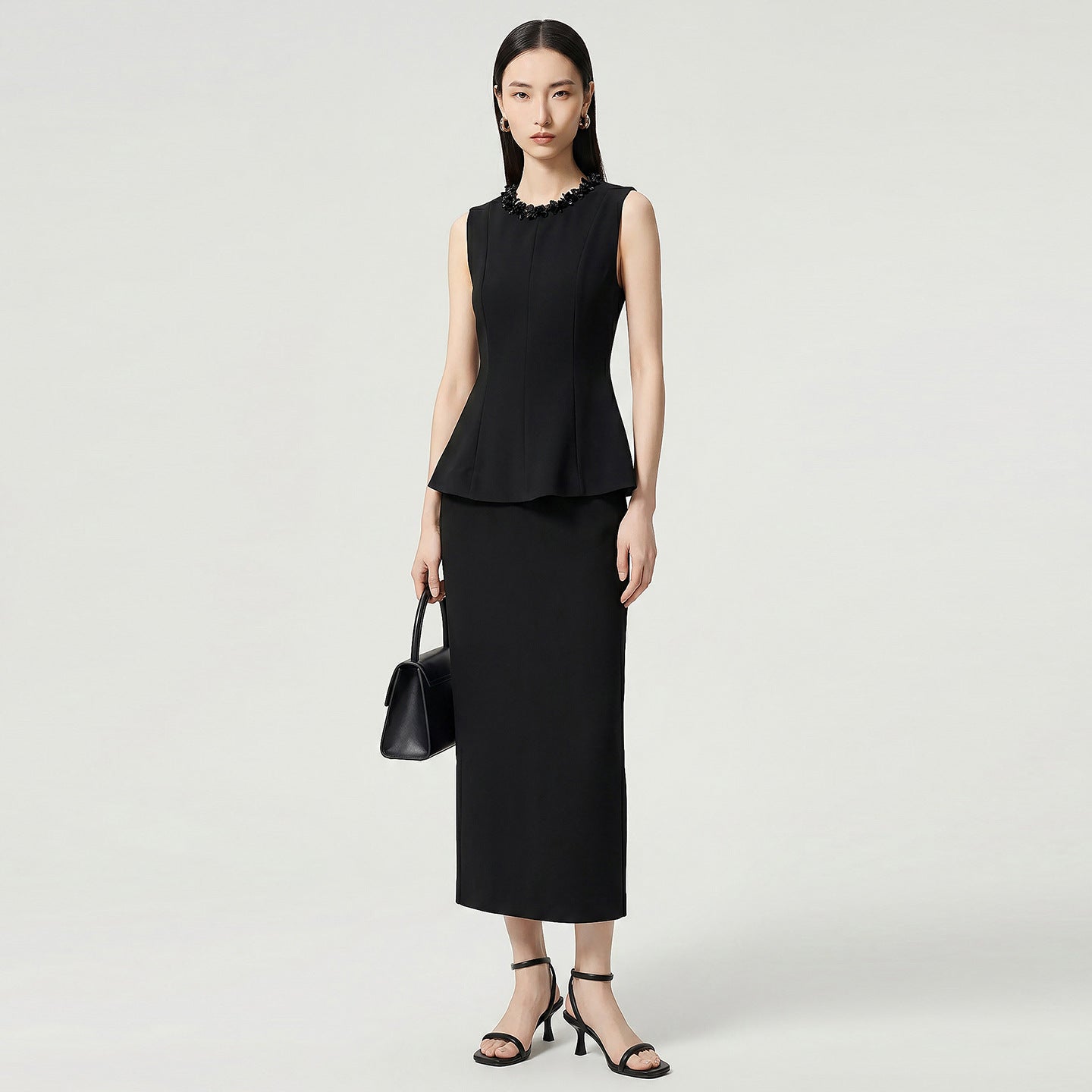New Elegant Summer Women's Suit Formal Black Office Lady Sleeveless Ruffle Vest Top + Slim Midi Pencil Skirt Party Two Piece Set