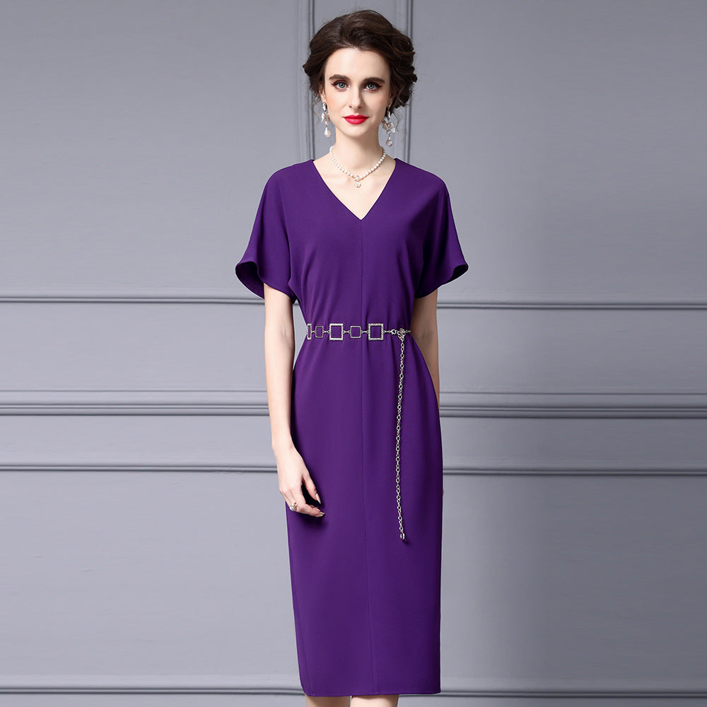 Elegant Luxury Design Sensibility Dress Heavy Embroidery V-Neck Waist-Fitted Slimming Purple Bodycon Skirt For Women Summer