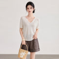 Women's Loose Fit V-Neck Short Sleeve Knitwear Paper Silk Edge T-Shirt Elegant Commute Style Versatile Slimming Tops