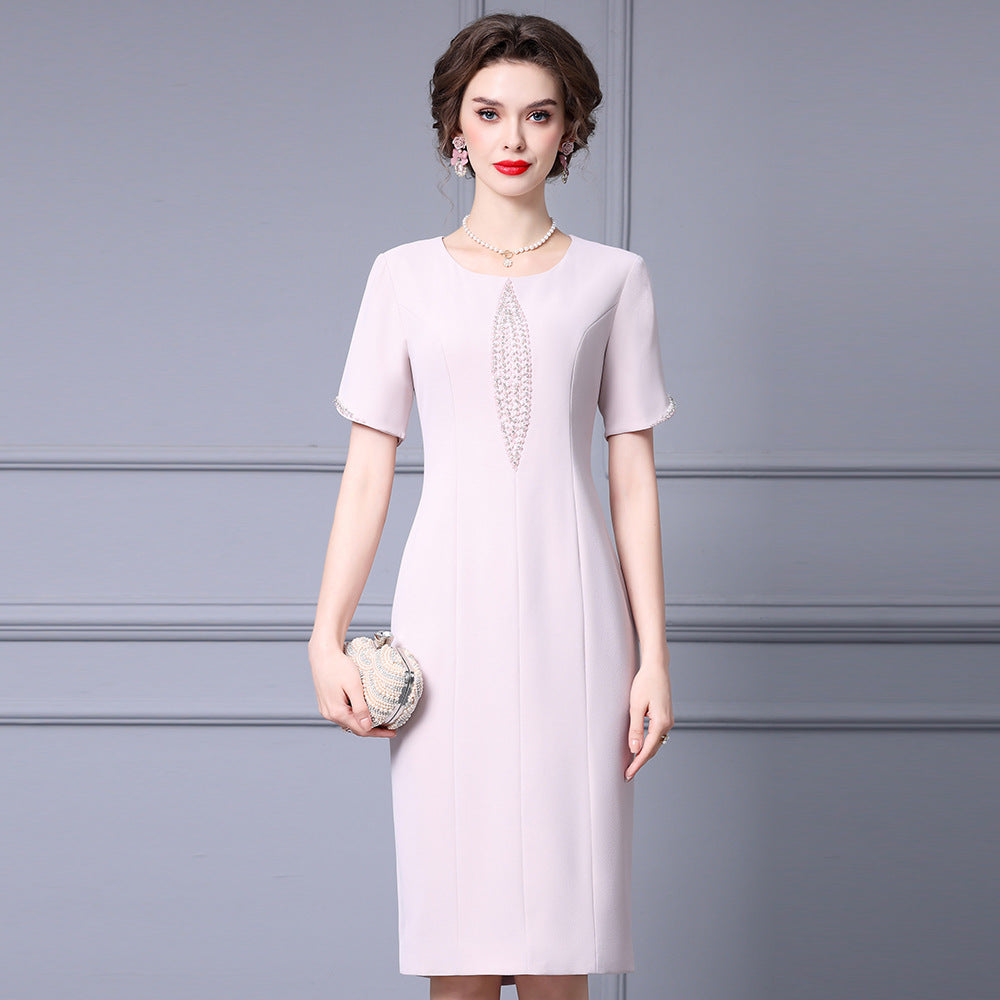 Summer Ball Gown Women's Dress V-neck Bubble Sleeve Short Length Ankle-skimming Pink Gold Bead Embellished Bodycon Skirt