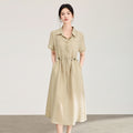 Summer Slim Fit Shirt Dress Casual Waist Cinched Lightweight Short Sleeve Midi Skirt Style Knitted Fabric Polo Collar