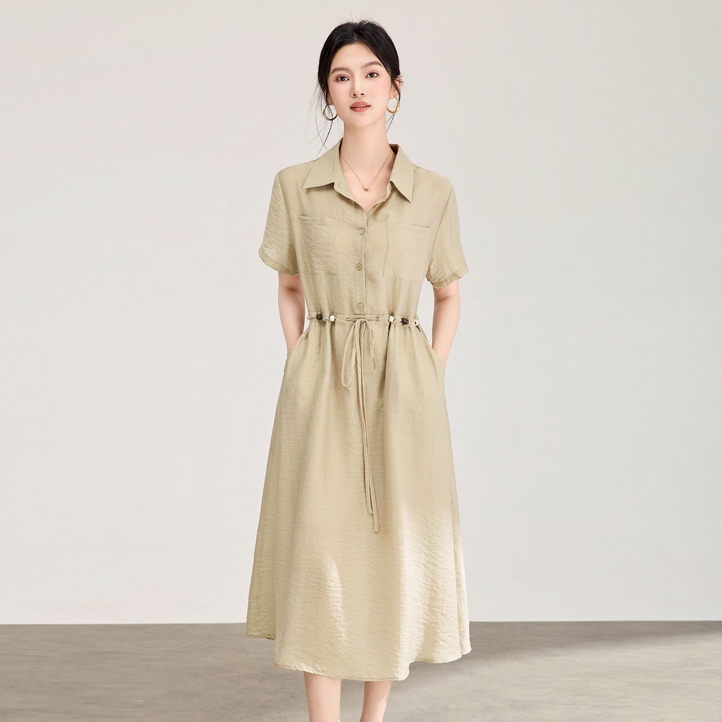 Summer Slim Fit Shirt Dress Casual Waist Cinched Lightweight Short Sleeve Midi Skirt Style Knitted Fabric Polo Collar