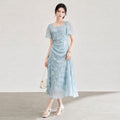 Elegant Short Sleeve Embroidered Lace Dress Square Neck Hollow out Pattern Midi Dress French Style A-Line Blue Skirt