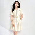 Elegant Letter Metal Waist Belt Decoration Short Sleeve Acetate Dress New Summer Women's Fashion Commute Style Midi Dress