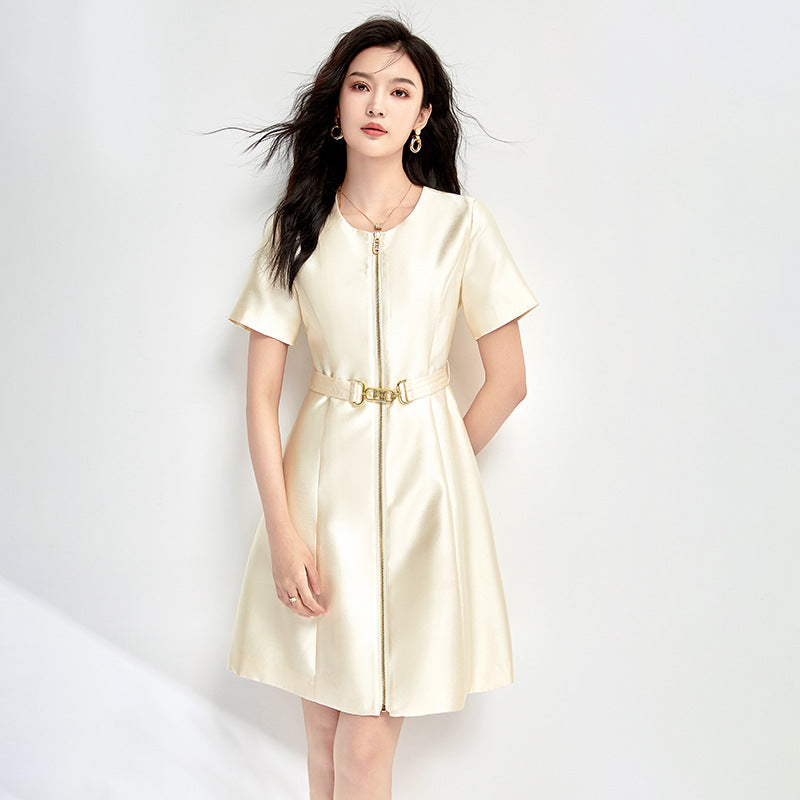 Elegant Letter Metal Waist Belt Decoration Short Sleeve Acetate Dress New Summer Women's Fashion Commute Style Midi Dress