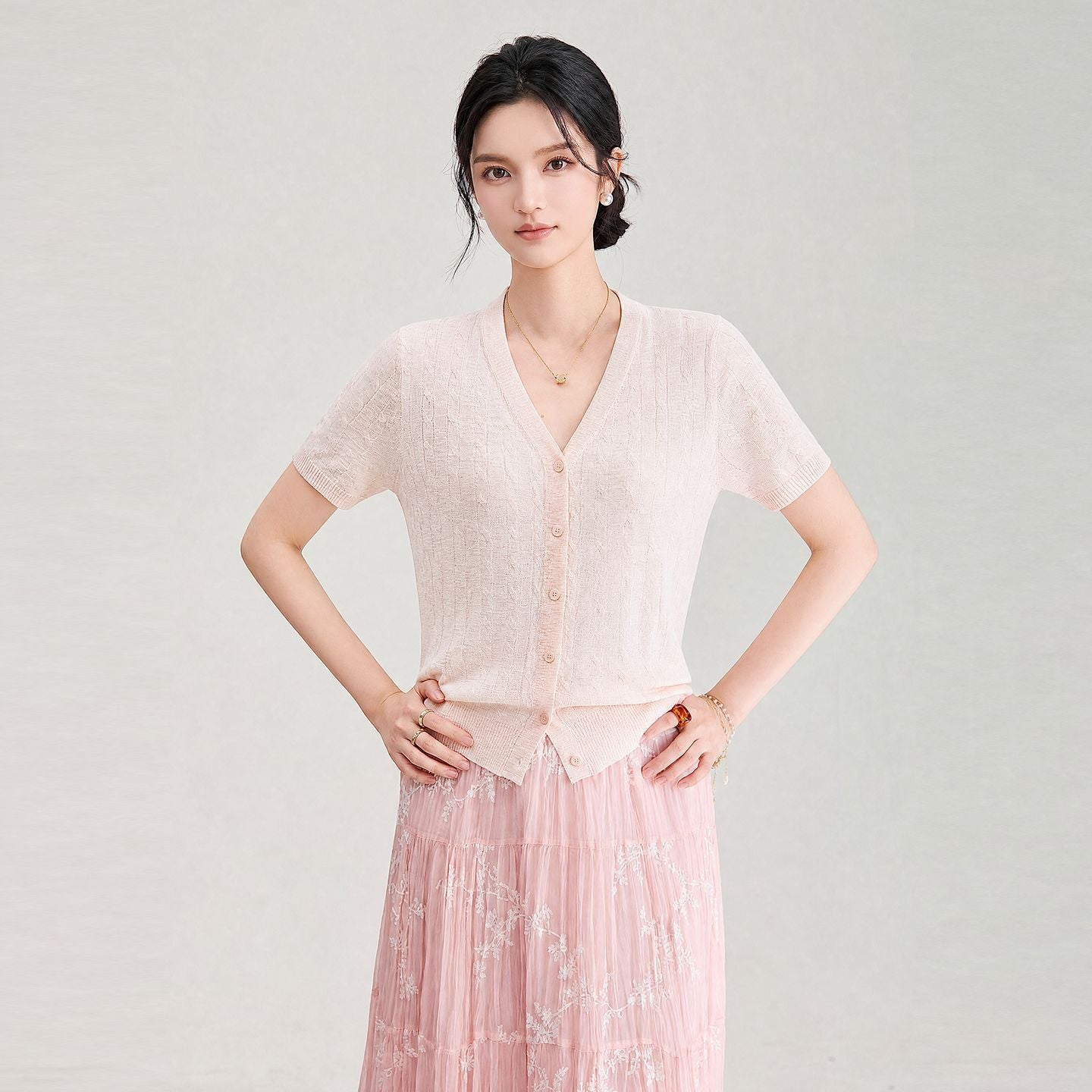 Hollow out V-Neck Knitted Cardigan Short Sleeve Women's Outerwear Open Front Casual Fashion Breathable Top