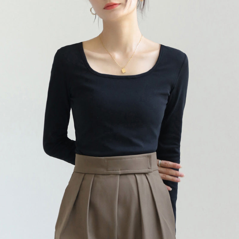 Square Collar Silk Rib Long Sleeve T-shirt Spring Autumn Women Slim Solid Color Basic Bottom Shirts Tops