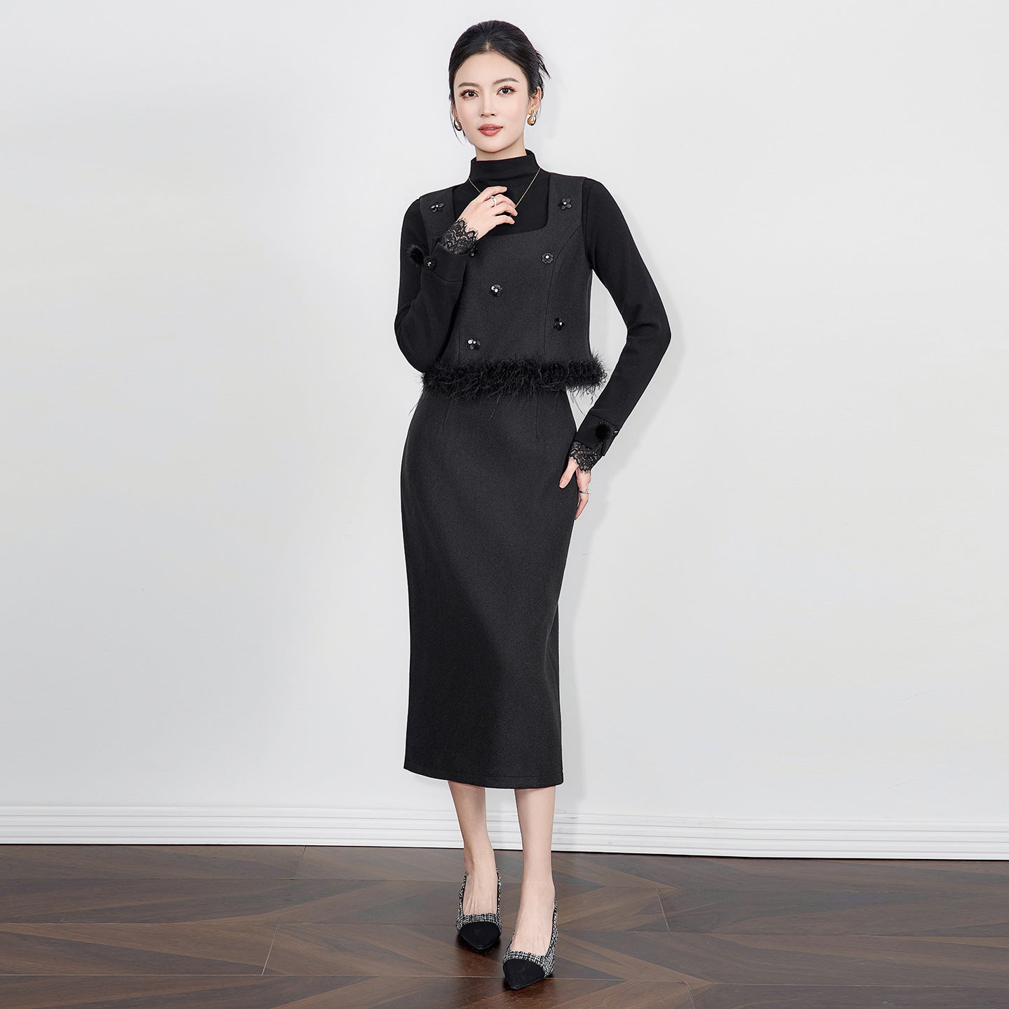 Spring New Lvory White Tweed Knitted Fake Two Pieces Women Midi Dress Splicing Lady Party Dress