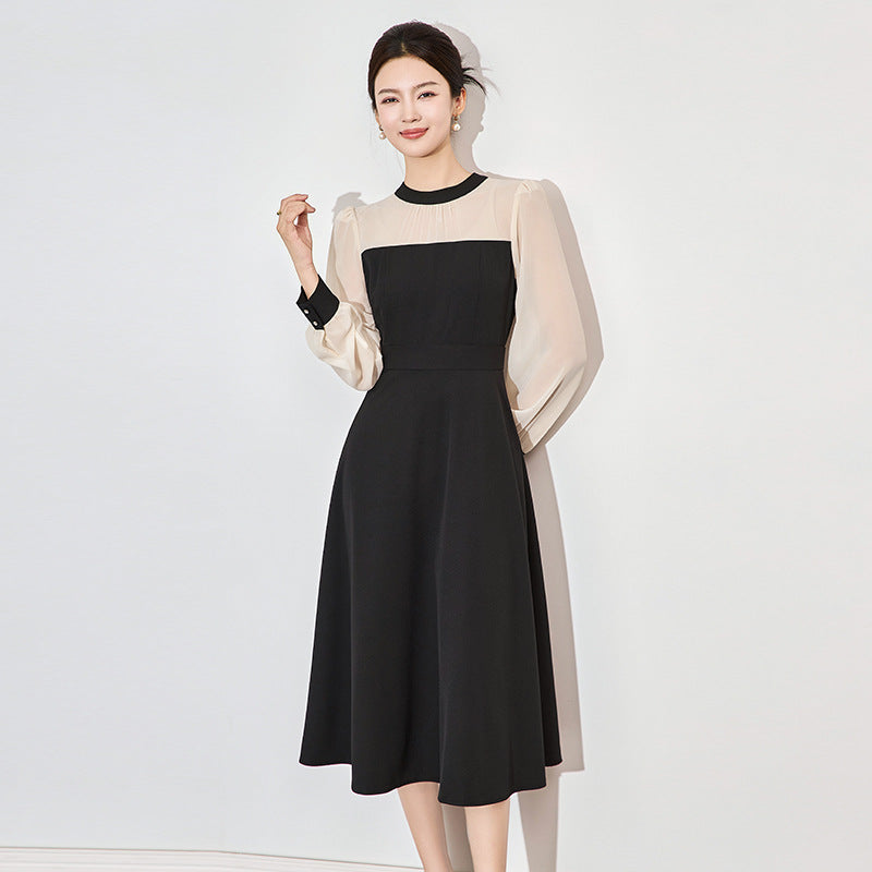 Elegant Retro French Style Long Sleeve Women's Dress Spring Collection Waist-Cinching Commute Ready Midi Dress in TR Fabric