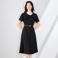 Elegant Tailored Dress Women's Summer Host Professional Fitting Skirt Short Sleeve Polyester Fiber Midi A-Line Dress