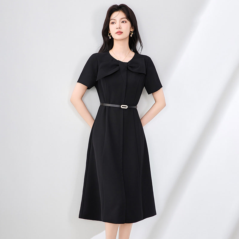Elegant Tailored Dress Women's Summer Host Professional Fitting Skirt Short Sleeve Polyester Fiber Midi A-Line Dress