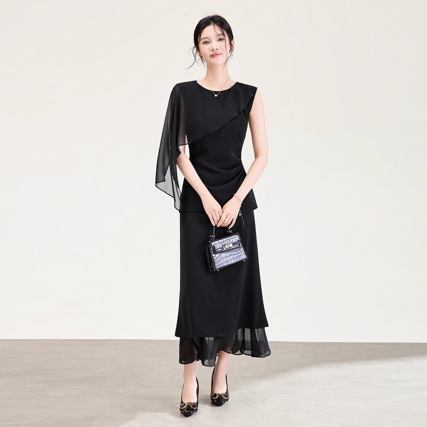 Elegant Slimming Acetate Satin Wrap Silk Chiffon Strap Long Dress Natural Waist Fish Tail Skirt Short Sleeve Wedding Dress