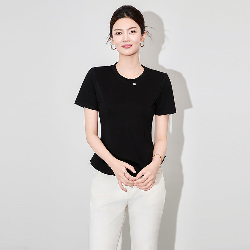 Spring Summer Ruffles Short Sleeve Women's T-shirts New Fashionable O-neck Bottom Korean Casual Slim Short Tops Female