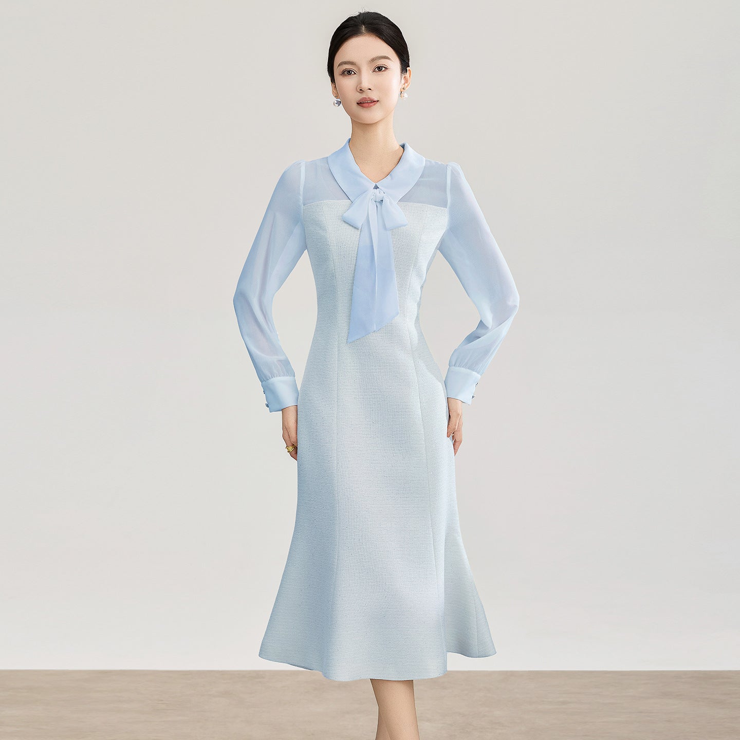 Lady Office Autumn Spring Fashion Lapel Tie Long-sleeved Tight Dress New Women's Solid Waist Ong-step Midi Dresses