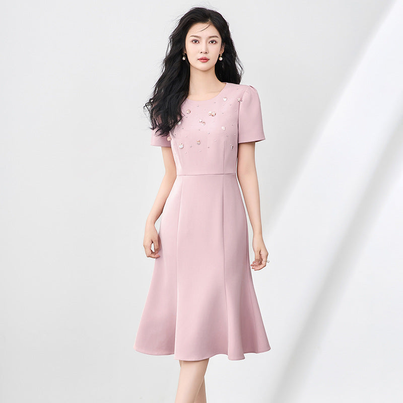 Elegant round Neck Diamond Embellished Women's Dress Shaped A- Line Midi Skirt High Waist Short Sleeve Spring Fashion Dress