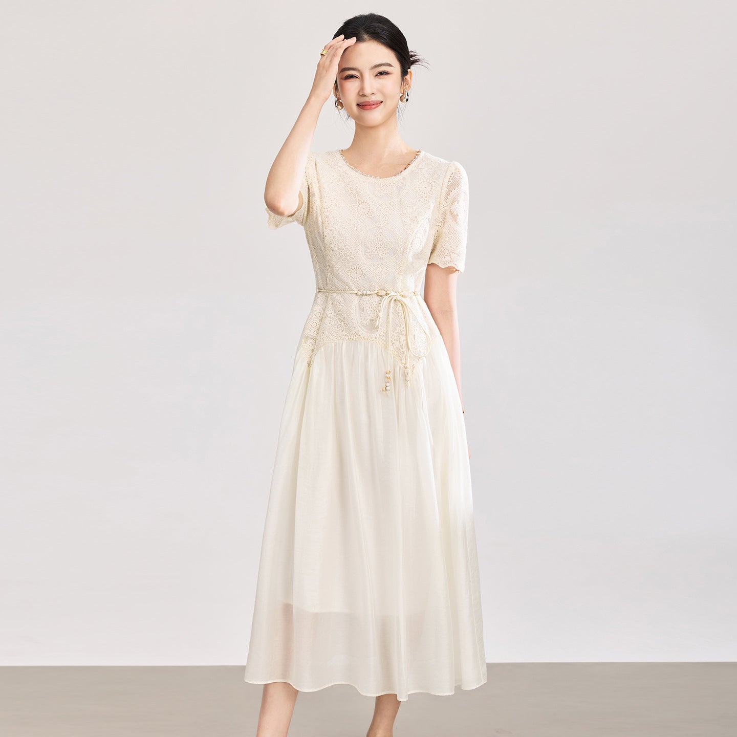 French Style Short Sleeve Embroidered Cotton Thread Waist Cinching Dress Women Summer Style A-Line Midi Dress