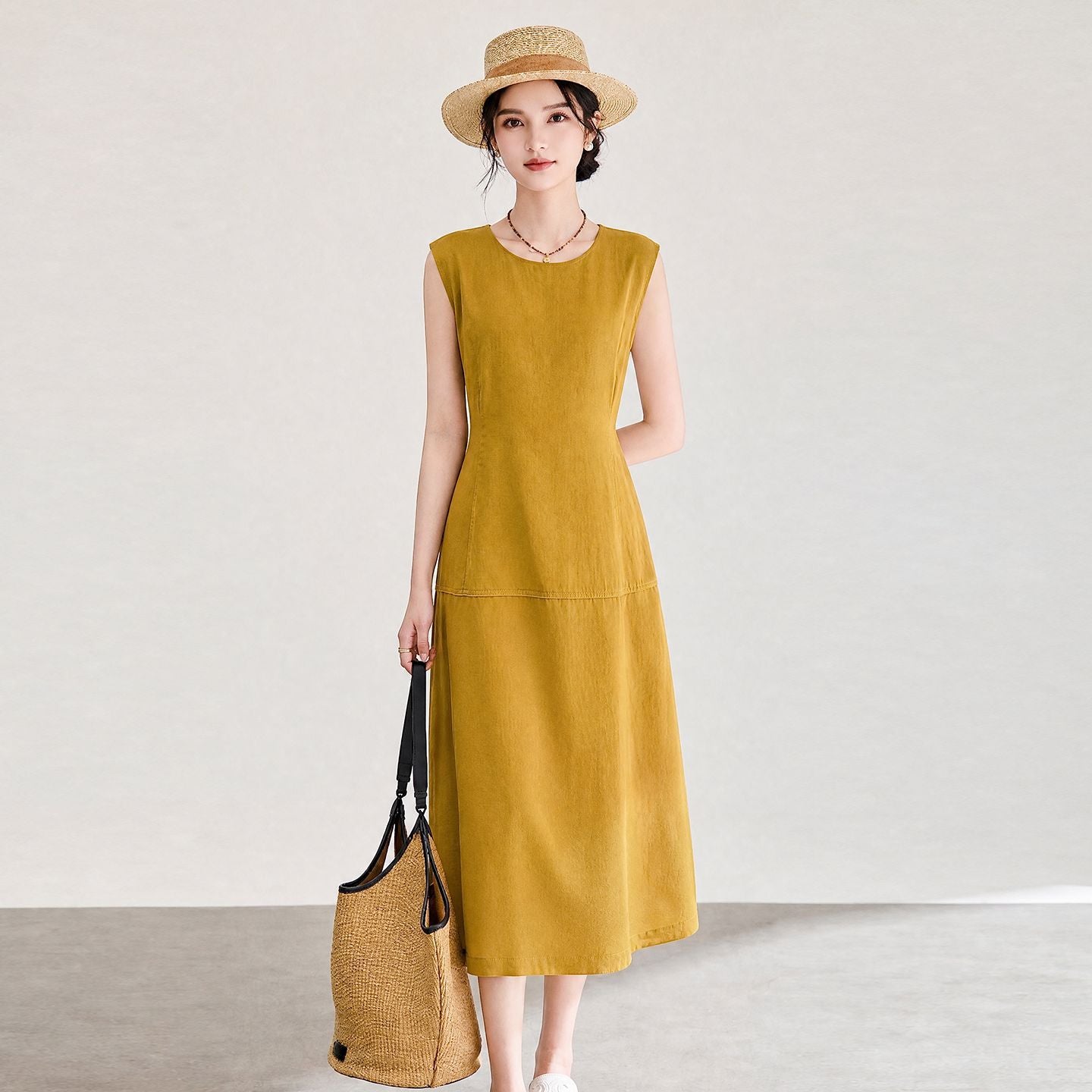Women's Dress Summer New Style Mandarin Collar Bow Broad Shoulder Elegant Patchwork Midi Dress Woman